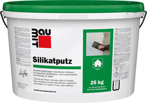 L'enduit au silicate Baumit d'une granulométrie de 1,5 mm est disponible en seau de 25 kg en blanc.
