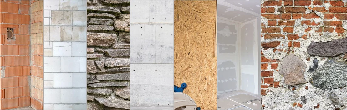 Verschiedene Wandaufbauten: Ziegel, Porenbeton, Naturstein, Beton, OSB-Platte, Trockenbau, Ziegelmauerwerk mit Putzabplatzung.
