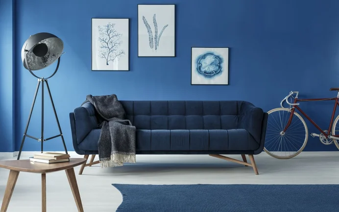 Aménagement de l'espace avec une peinture murale bleue. Les éléments de la façade et de la pièce dans les tons bleus donnent une impression de fraîcheur et d'espace.
