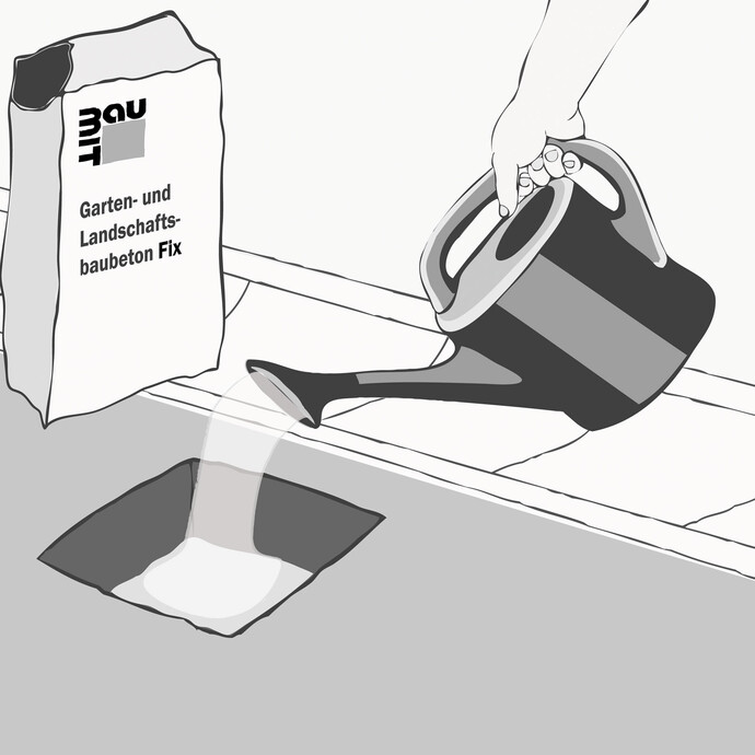 Der trockene Garten- und Landschaftsbaubeton Fix wird mit Wasser gut durchgenässt. Mit Hilfe einer Gießkanne kann das Wasser einfach draufgeleert werden. Nach ca. 3 Minuten kann die nächste Lage Material in 10 cm aufgefüllt werden.