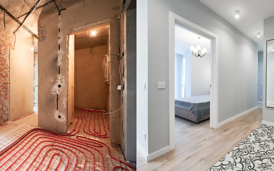 Processus de r&eacute;novation : avant et apr&egrave;s d&rsquo;une pi&egrave;ce d&rsquo;habitation &eacute;quip&eacute;e d&rsquo;un nouveau chauffage au sol et d&rsquo;un am&eacute;nagement int&eacute;rieur moderne.