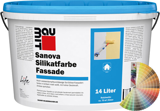 Produktbild: Baumit Sanova Silikatfarbe Fassade im 14 Liter Eimer mit Baumit Farbfächer.