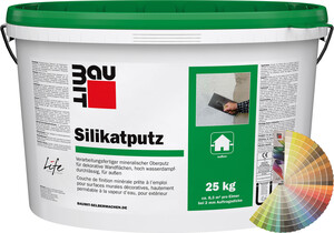L'enduit au silicate Baumit d'une granulométrie de 1,5 mm est disponible en seau de 25 kg en couleur.