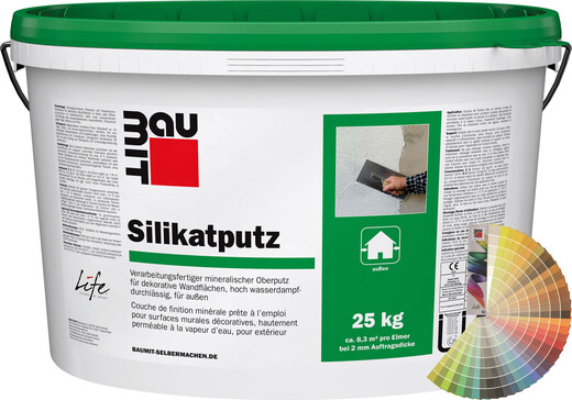 Der Baumit Silikatputz mit 1,5 mm Körnung ist im 25 kg Eimer farbig erhältlich.