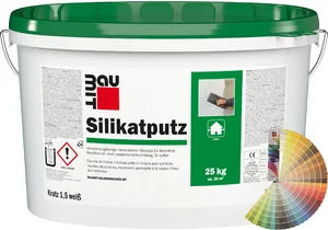 L'enduit au silicate Baumit d'une granulométrie de 1,5 mm est disponible en seau de 25 kg en couleur.