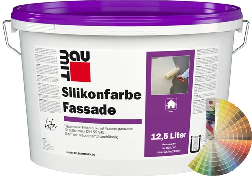 Produktbild: Baumit Silikonfarbe Fassade im 12,5 Liter Eimer mit Baumit Farbfächer.