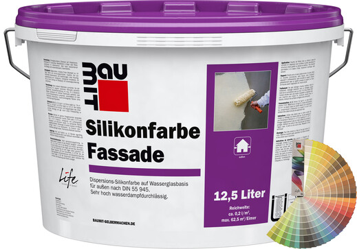 Produktbild: Baumit Silikonfarbe Fassade im 12,5 Liter Eimer mit Baumit Farbfächer.