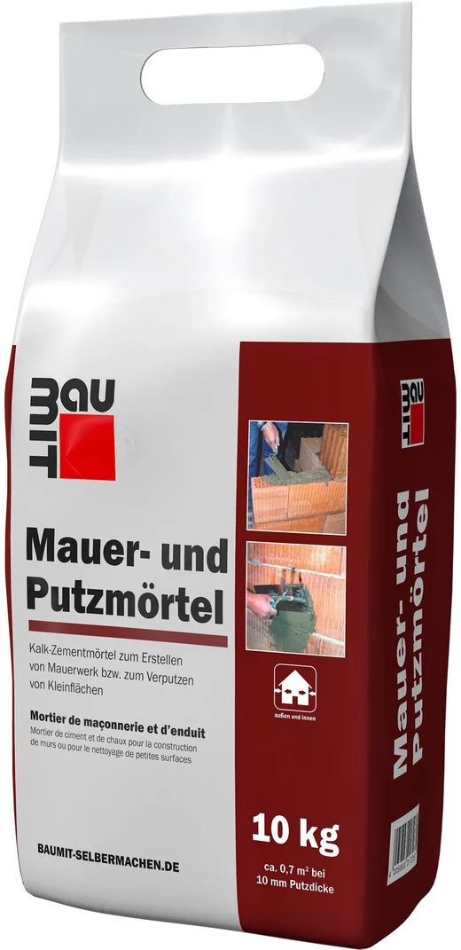 Le mortier de maçonnerie et d'enduit Baumit est disponible en sac en film plastique de 10 kg.