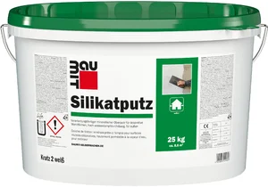 L'enduit au silicate Baumit d'une granulométrie de 2 mm est disponible en seau de 25 kg en blanc.