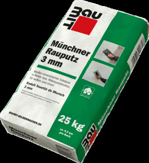 25-kg-Sack Münchner Rauputz 3 mm von Baumit, geeignet zum Fassaden verputzen mit grober Reibestruktur in 3 mm Körnung.