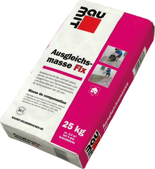 Emballage de l'enduit de ragréage Baumit Fix, 25 kg, pour l'intérieur, idéal pour les rénovations grâce à son séchage rapide et son auto-nivellement.