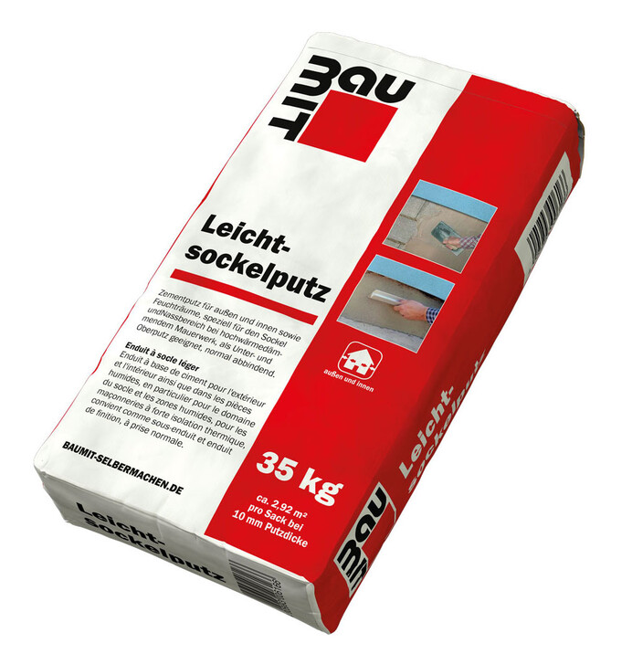 Enduit pour plinthes légères : Enduit pour plinthes légères Baumit en sac papier rouge de 25 kg.