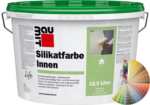 Image du produit : la peinture intérieure au silicate Baumit en seau de 12,5 litres avec palette de couleurs Baumit.
