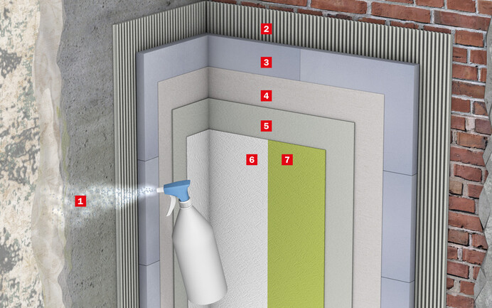 Le graphique de construction montre la structure en couches du système anti-moisissure avec les matériaux de construction nécessaires sur le mur.