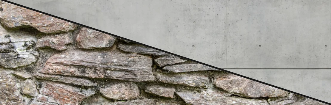 Vergleich von Natursteinmauer und modernem Sichtbeton f&uuml;r nachhaltige Bau- und Renovierungsprojekte.