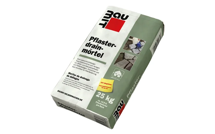 25 kg Sack Baumit Pflasterdrainmörtel zur Entwässerung und Stabilisierung von Pflasterflächen, ideal für Heimwerkerprojekte.