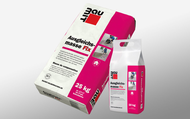 Produktbilder zur Baumit Ausgleichsmasse Fix im 25 kg Sack und 10 kg Sack.