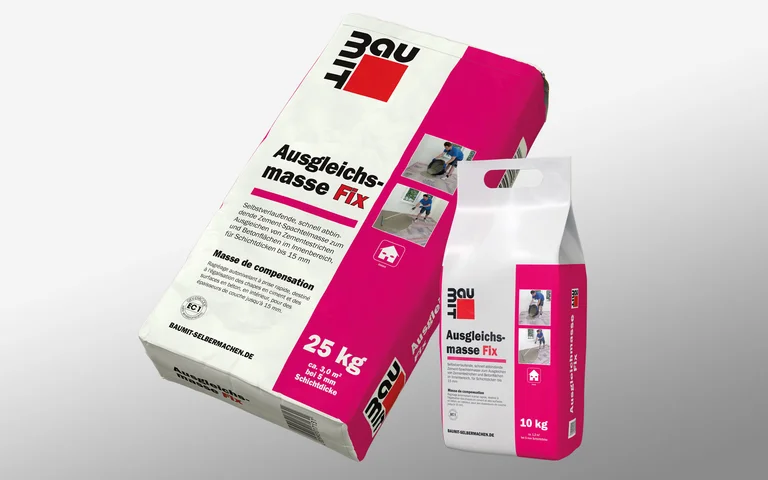 Produktbilder zur Baumit Ausgleichsmasse Fix im 25 kg Sack und 10 kg Sack.