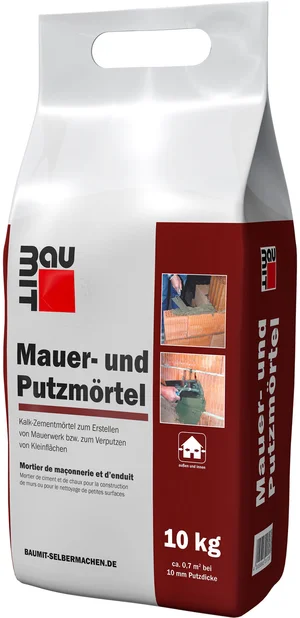 Le mortier de maçonnerie et d'enduit Baumit est disponible en sac en film plastique de 10 kg.