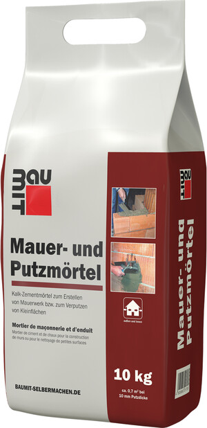 Le mortier de maçonnerie et d'enduit Baumit est disponible en sac en film plastique de 10 kg.