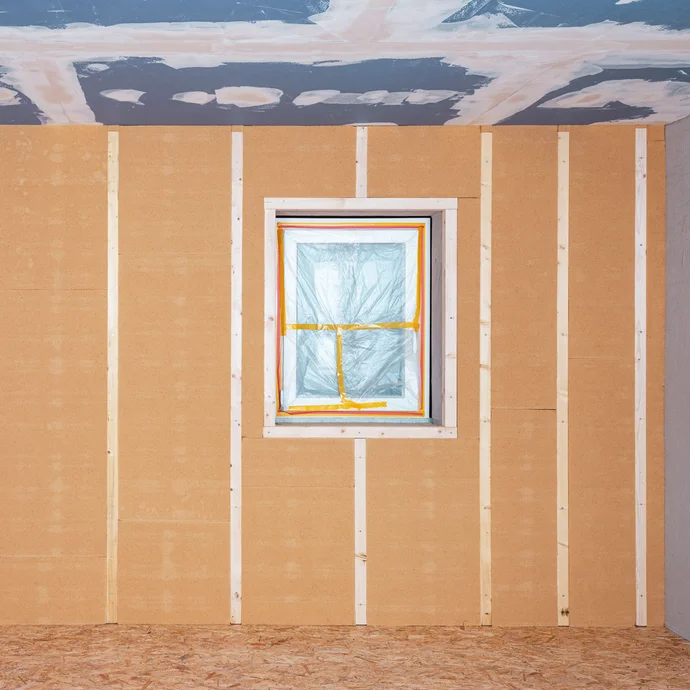 Innendämmung mit Tragkonstruktion: Erste Dämmebene mit Holzfaserdämmplatten Thermoflex und Kanthölzer ist fertiggestellt. Anleitung zum Selbermachen mit Baumit.