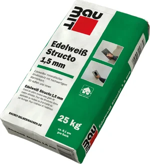 Der Baumit Edelputz Edelweiß Structo mit 1,5 mm Körnung ist im 25 kg Sack erhältlich.