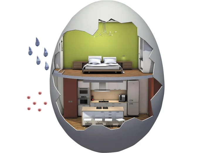 Schnittdarstellung eines Hauses in Eiform mit Schlafzimmer und Küche, zeigt innovative Baukonzepte und Energiesparlösungen.