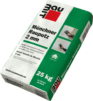 Sac de 25 kg d'enduit fouetté de Munich 2 mm de Baumit, adapté au crépissage de façades avec une structure finement frottée de 2 mm de granulométrie.