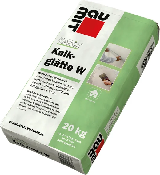 Enduit à la chaux Baumit Kalkglätte W, sac de 20 kg avec instruction d’utilisation pour des surfaces lisses en intérieur ; idéal pour les projets de bricolage destinés à la finition des murs.