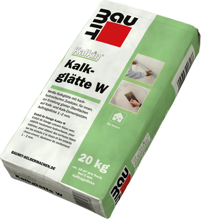 Baumit Kalkglätte W, 20 kg Sack mit Anleitung für glatte Oberflächen innen; ideal für Heimwerkerprojekte zur Wandveredelung.