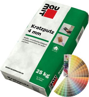 L'enduit gratté Baumit avec une granulométrie de 4 mm est disponible en sac de 25 kg en couleur.