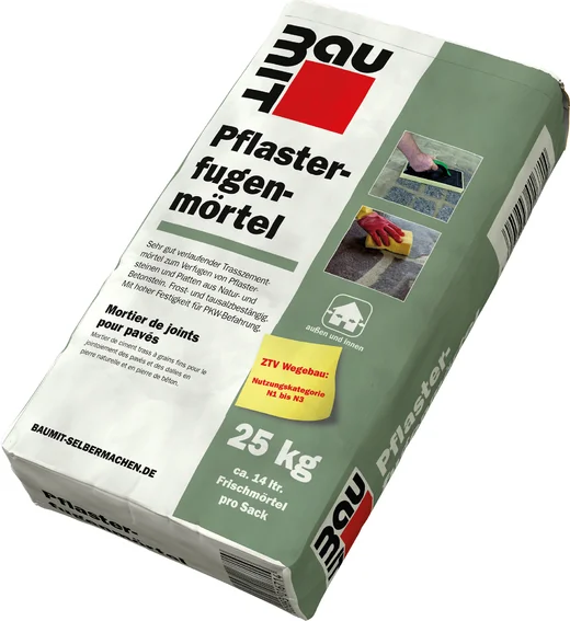 Sack Baumit Pflasterfugenmörtel 25 kg für dauerhafte Pflasterfugen, ideal für Heimwerkerprojekte auf Gehwegen und Terrassen.