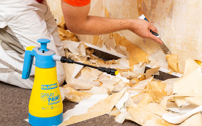 Vaporiser une solution de peroxyde, enlever le papier peint ou le crépi.
