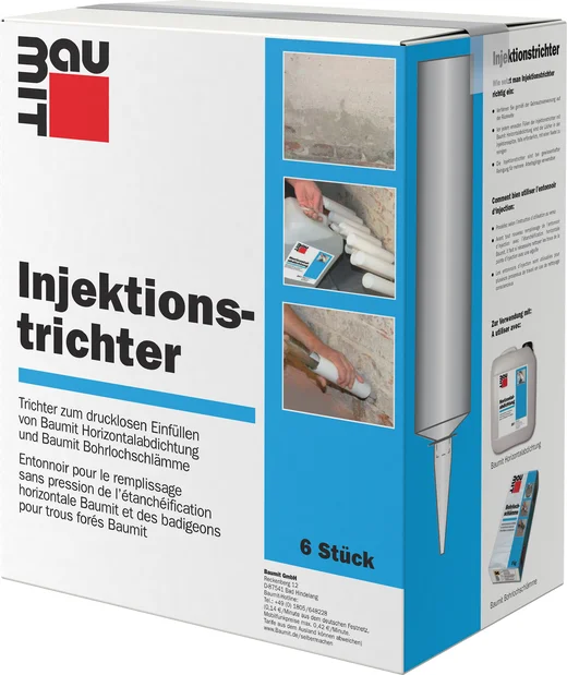 Injektionstrichter-Set zur drucklosen Abdichtung von Mauerwerk mit Anleitung für einfache Anwendung.