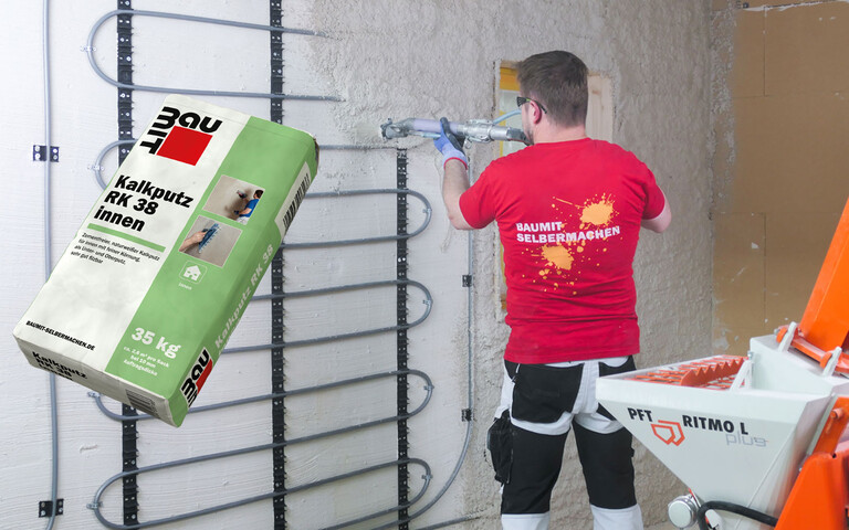 Kalkputz RK 38 innen mit Maschine verarbeiten.