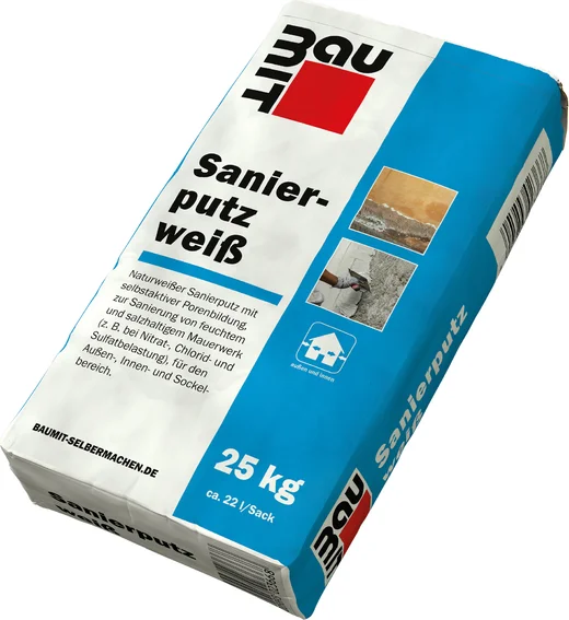 Enduit d’assainissement Baumit blanc, sac de 25 kg – idéal pour les murs humides et les caves, améliore le climat intérieur grâce à une régulation élevée de l’humidité.