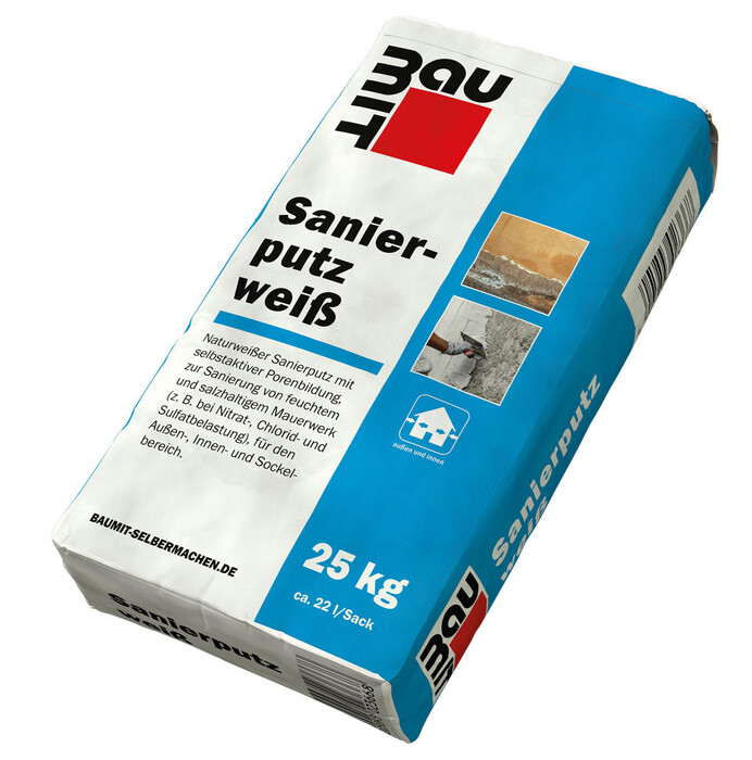 Produktfoto: Baumit Sanierputz weiß im blauen 25 kg Sack.